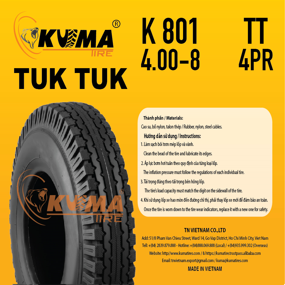 Wholesale Tuktuk Parts 4.00-8 Rubber Solid Tire Made in Vietnam