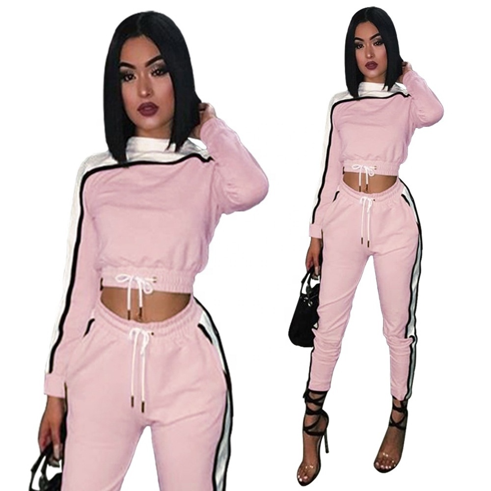 Jogging custom Women Sport Hoodies Sweatshirt Tops Pants Pink Striped 2Pcs Tracksuit Sweat Suit