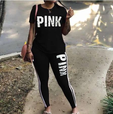 Plus Size 2 Piece Set Woman Tracksuit Casual PINK Letter Print Sexy Sweat Suits Short Sleeve Tee Shirt Top Skinny Pants