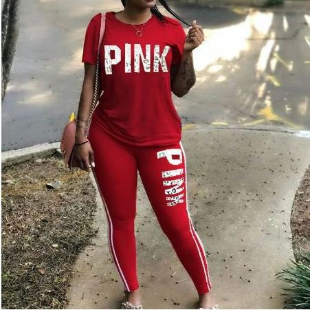 Plus Size 2 Piece Set Woman Tracksuit Casual PINK Letter Print Sexy Sweat Suits Short Sleeve Tee Shirt Top Skinny Pants