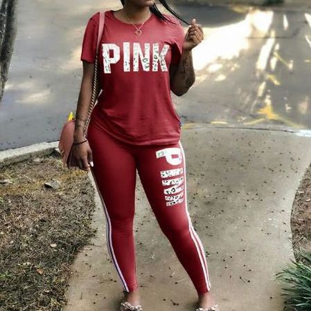 Plus Size 2 Piece Set Woman Tracksuit Casual PINK Letter Print Sexy Sweat Suits Short Sleeve Tee Shirt Top Skinny Pants