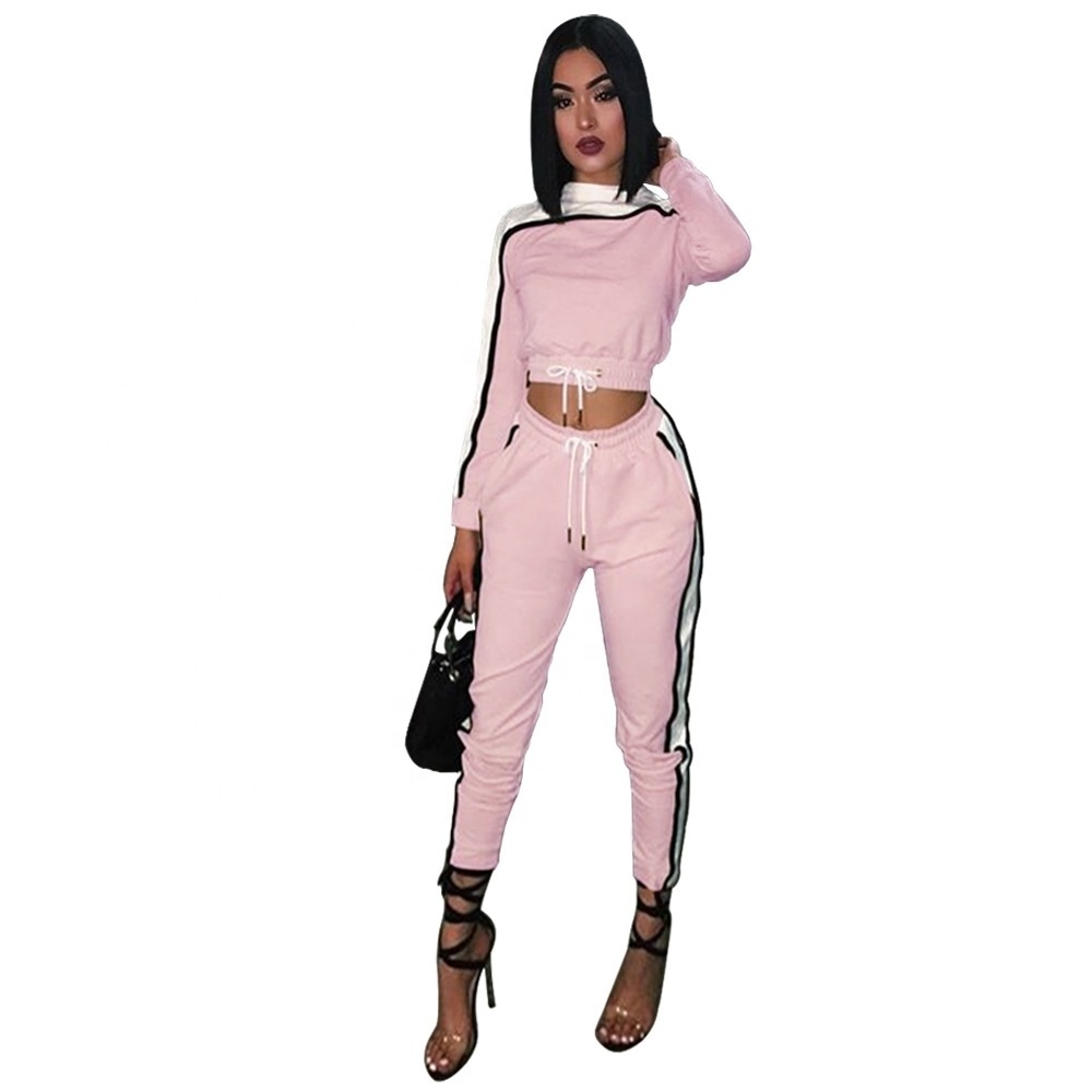 Jogging custom Women Sport Hoodies Sweatshirt Tops Pants Pink Striped 2Pcs Tracksuit Sweat Suit