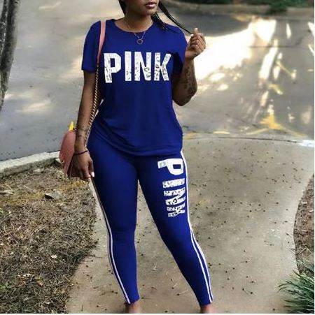 Plus Size 2 Piece Set Woman Tracksuit Casual PINK Letter Print Sexy Sweat Suits Short Sleeve Tee Shirt Top Skinny Pants