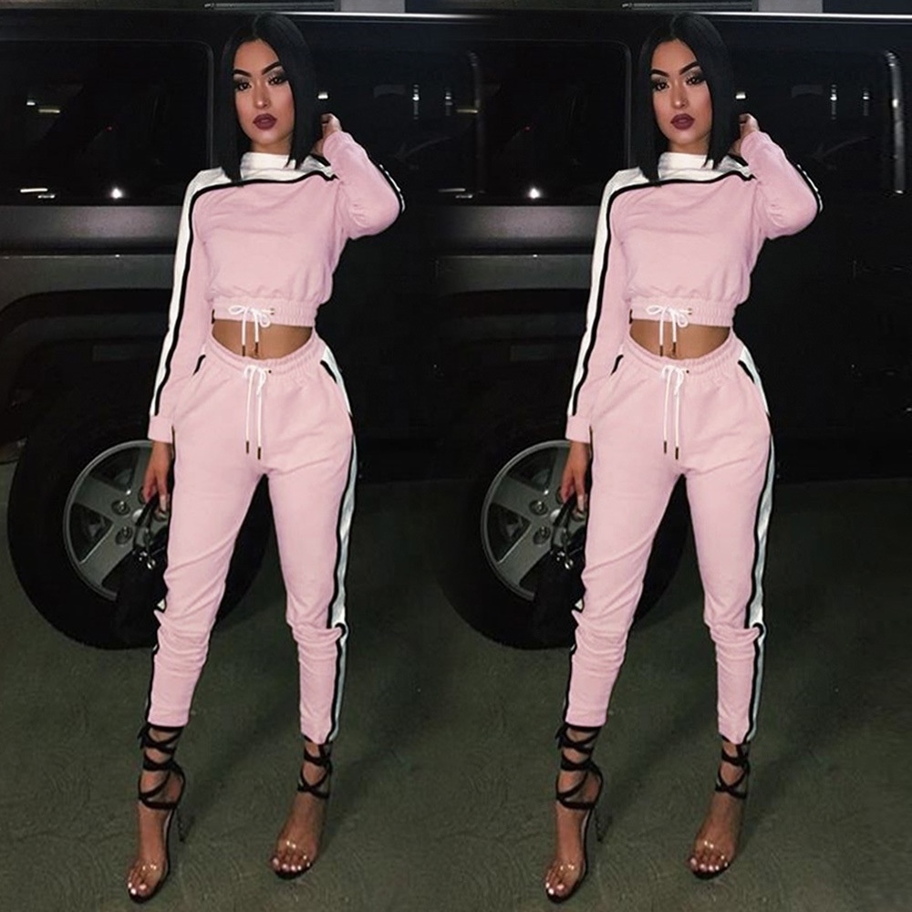 Jogging custom Women Sport Hoodies Sweatshirt Tops Pants Pink Striped 2Pcs Tracksuit Sweat Suit