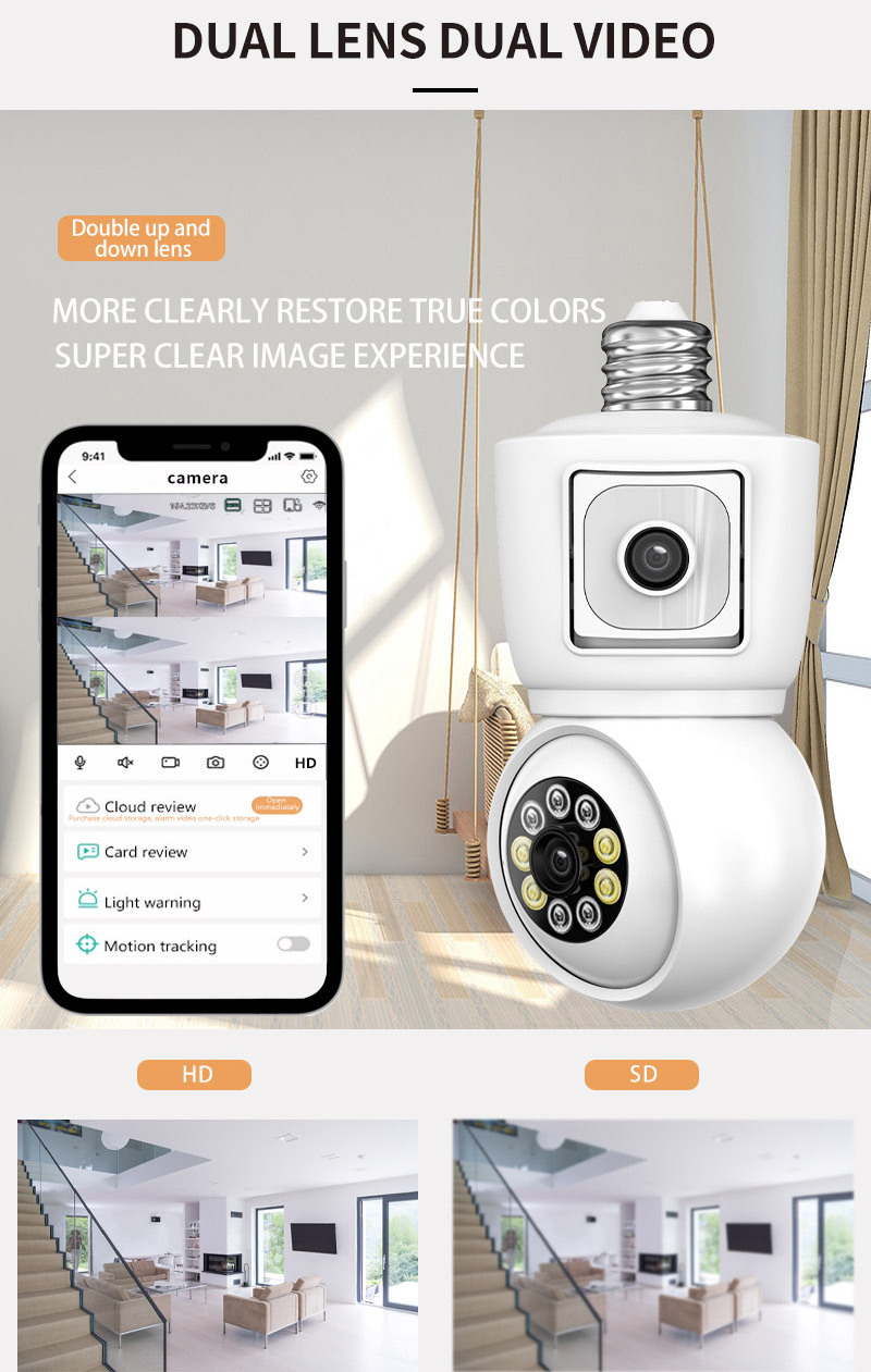 Icsee 2MP+2MP Dual lens bulb cctv camera Ceiling Mount Power Bulb Light Wireless home security cctv camera Wifi ip Camera Bulb