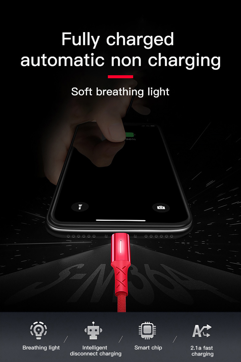 Automatic Power off Charging Cable micro type c nylon Braided Smart Breathing LED charging Cable 1m IOS For iPhone