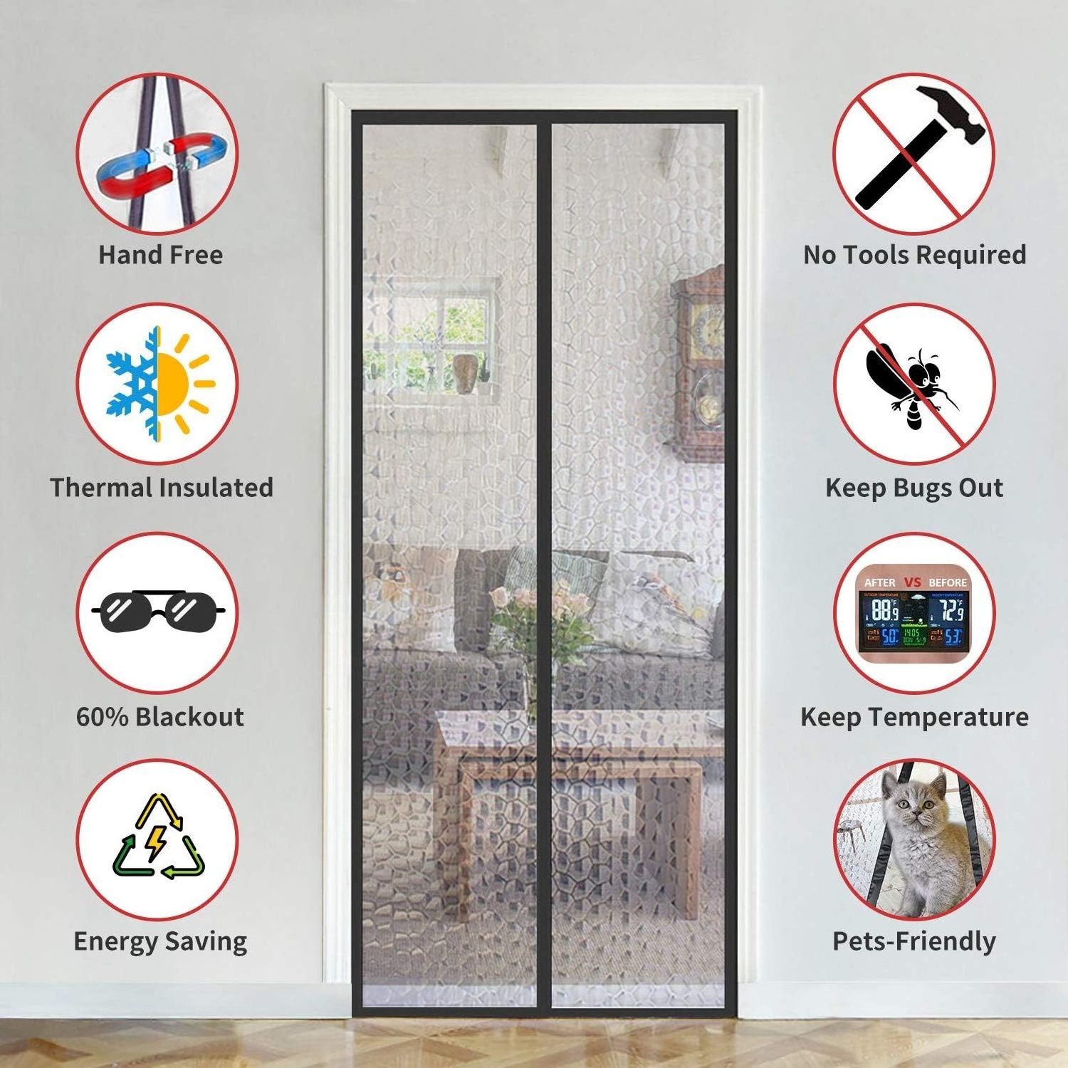 Magnetic Patio Door Cover Auto Closer Fits Doors Thermal Insulated Door Curtain