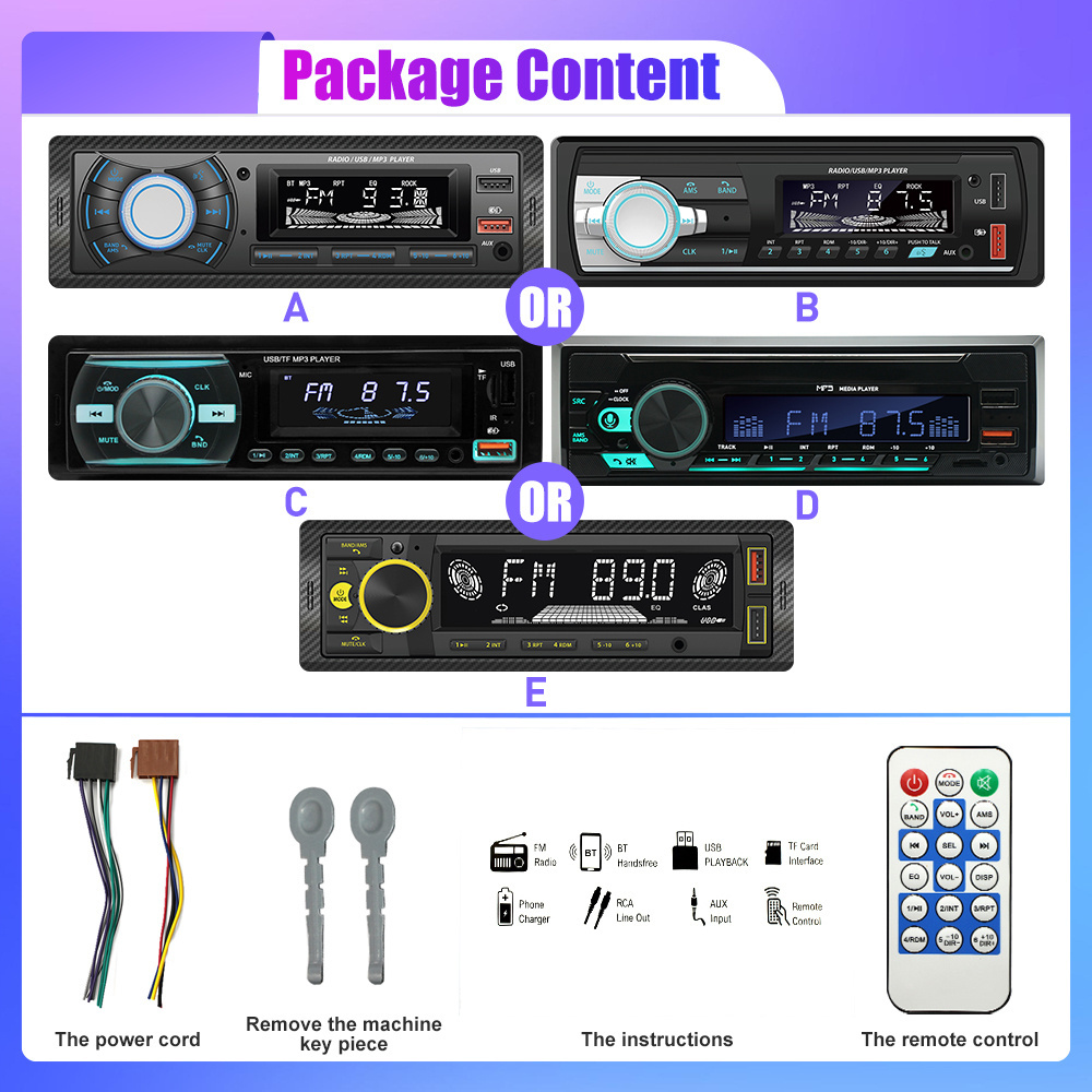 1 din Car Radio MP3 Player FM Tuner Stereo USB Car Audio Stereo SD TF USB Multimedia Autoradio Player Remote Control Bluetooth