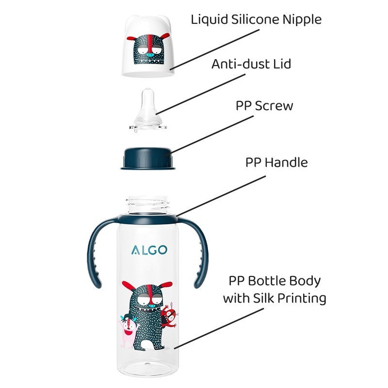 ALGO 2024 new design bpa free 120ml baby feeder bottle custom cartoon 240ml baby feeding bottle