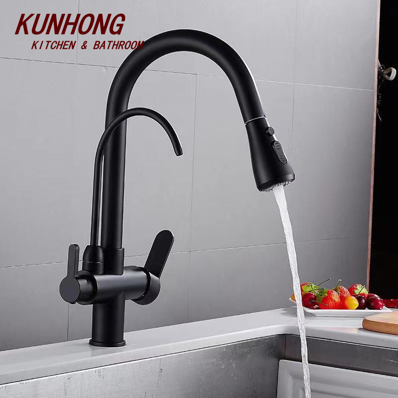 Chrome Brass Three Ways Sink Mixer Kitchen Faucet Modern Double Outlet Water Pull Down Pure Water Purifier Kitchen Faucet Taps