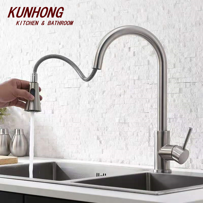 Modern Cheaper Price Stainless Steel Brushed Deck Mounted Pull Out Kitchen Faucet For Sink