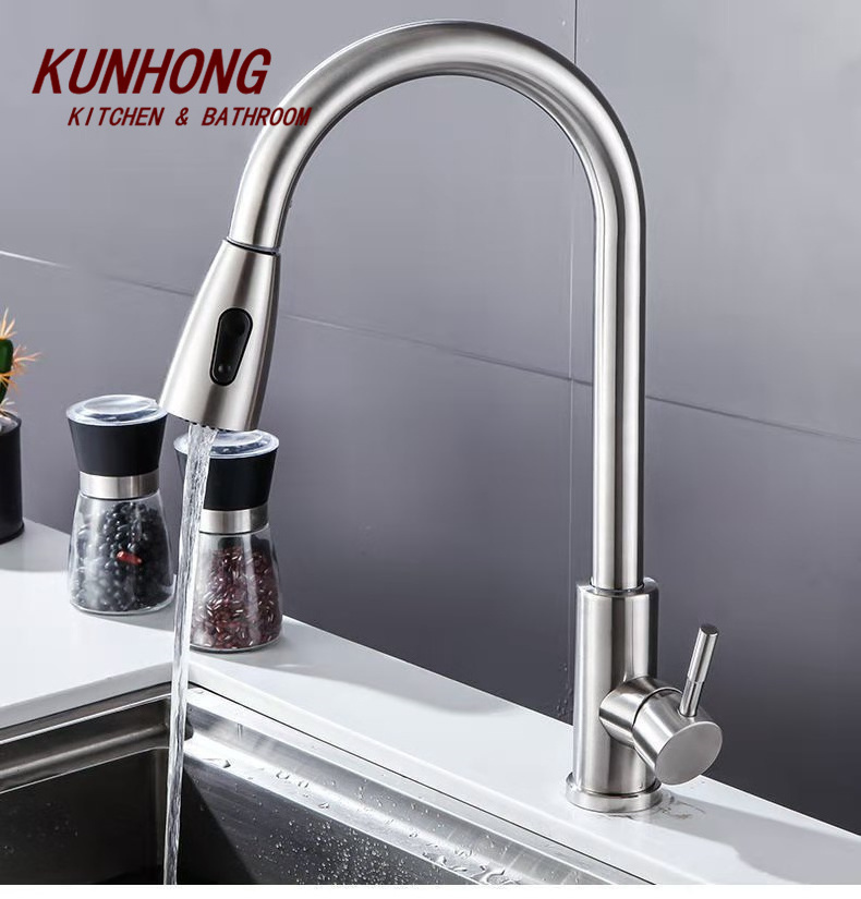 Modern Cheaper Price Stainless Steel Brushed Deck Mounted Pull Out Kitchen Faucet For Sink