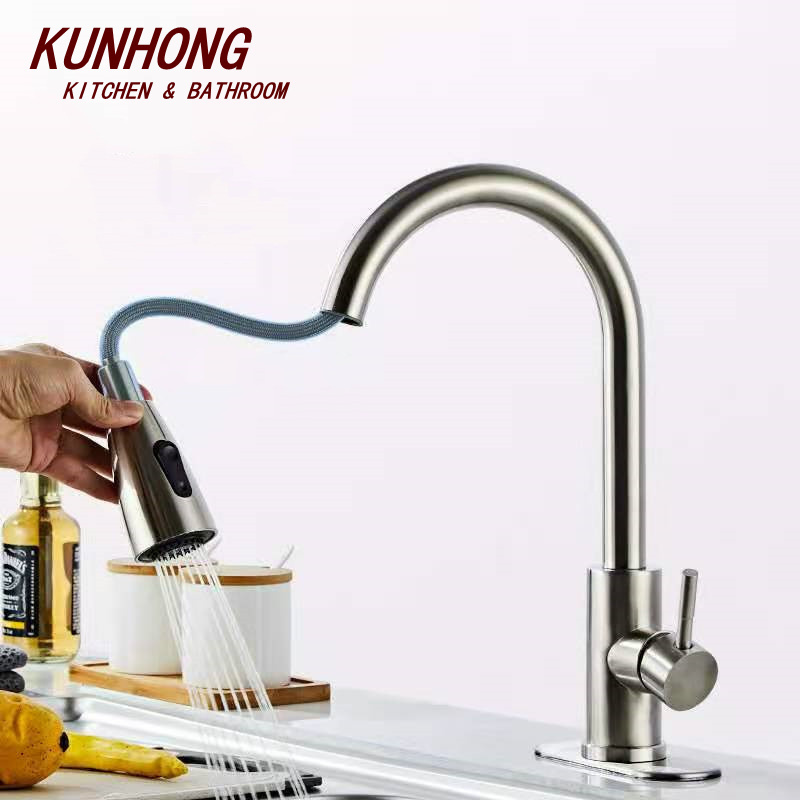 Modern Cheaper Price Stainless Steel Brushed Deck Mounted Pull Out Kitchen Faucet For Sink