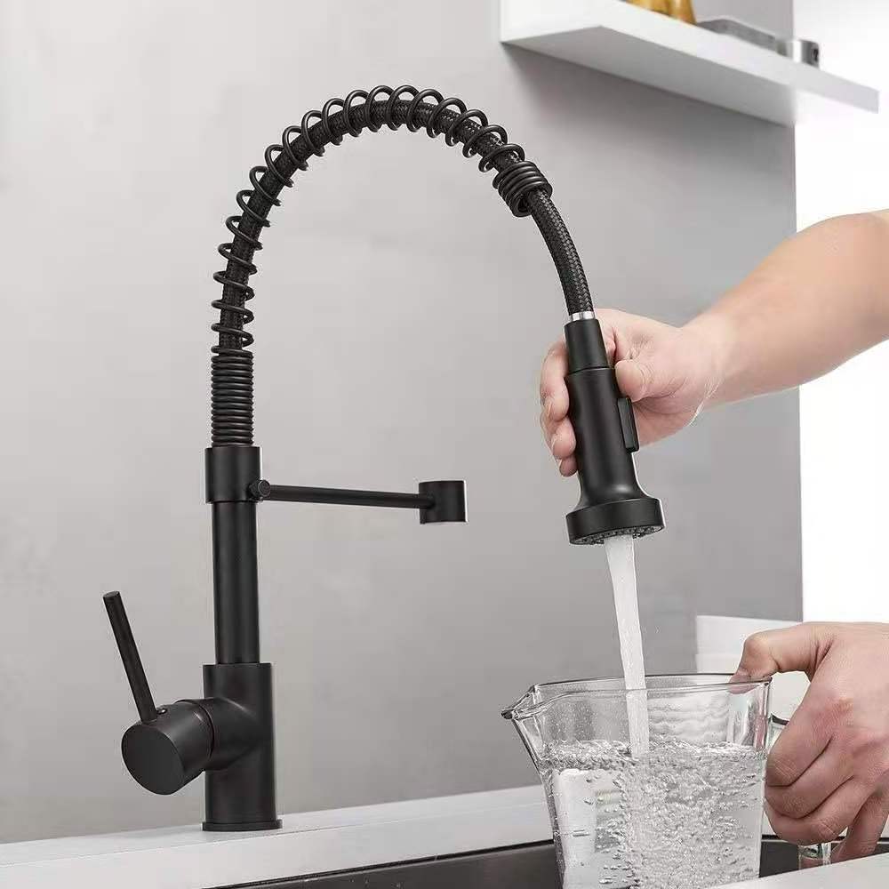 Black 360 Rotating Hot Cold Water Mixer Pull Down Sprayer Taps Single Handle Brass Spring Kitchen Sink Faucet