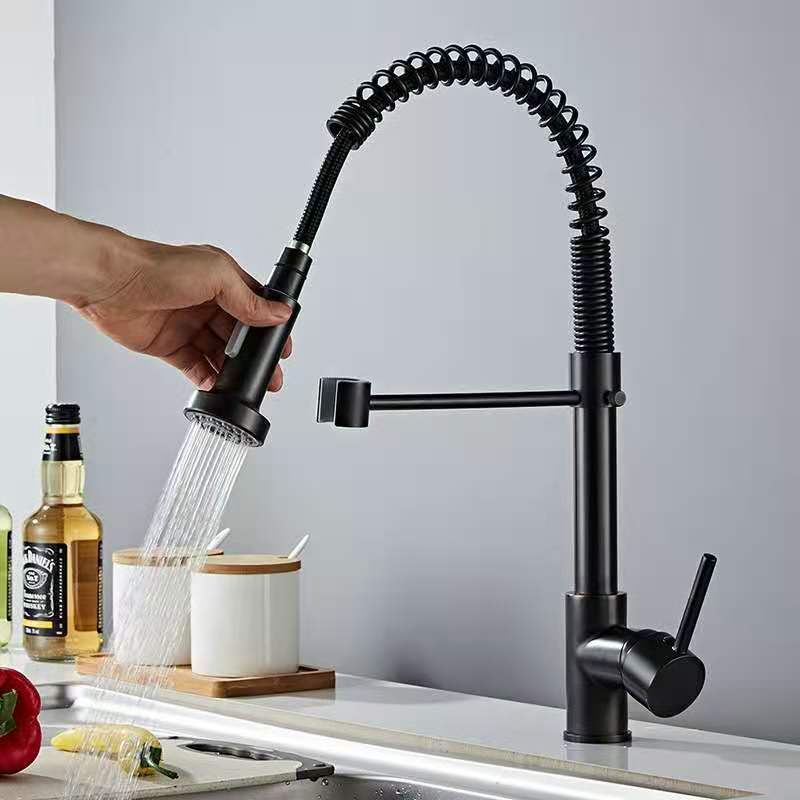 Black 360 Rotating Hot Cold Water Mixer Pull Down Sprayer Taps Single Handle Brass Spring Kitchen Sink Faucet