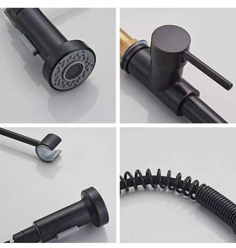 Black 360 Rotating Hot Cold Water Mixer Pull Down Sprayer Taps Single Handle Brass Spring Kitchen Sink Faucet