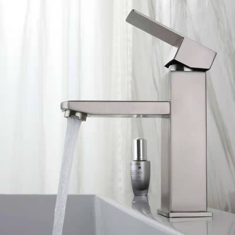 Good Quality Single Handle Stainless Steel Brushed Nickle Mixer Square Lavatory Bathroom Wash Basin Faucet Tap