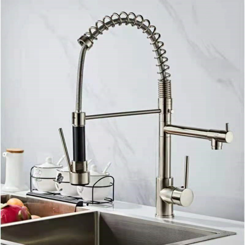 Sturdy Silver Pull Out Spring Kitchen Sink Faucet With Sprayer Flexible Single Handle Water Tap