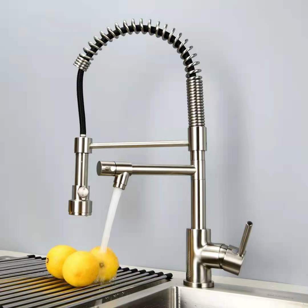 Sturdy Silver Pull Out Spring Kitchen Sink Faucet With Sprayer Flexible Single Handle Water Tap