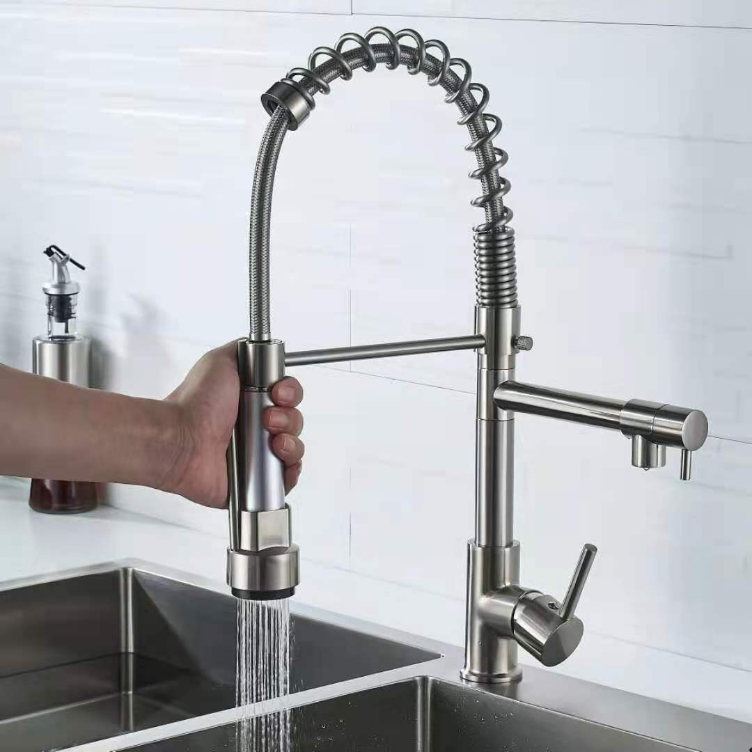 Sturdy Silver Pull Out Spring Kitchen Sink Faucet With Sprayer Flexible Single Handle Water Tap