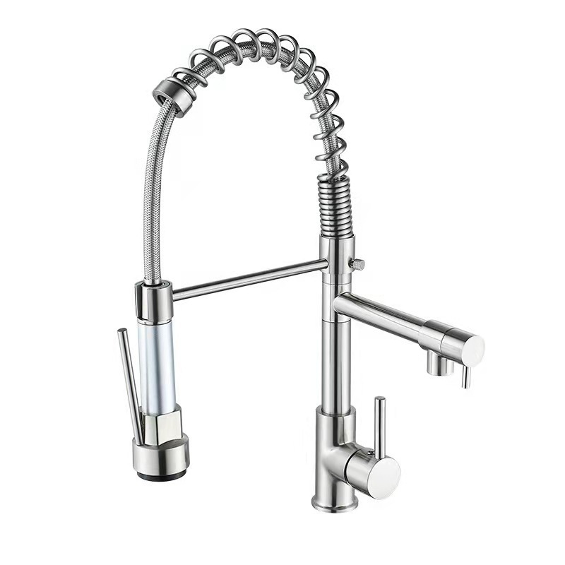 Sturdy Silver Pull Out Spring Kitchen Sink Faucet With Sprayer Flexible Single Handle Water Tap