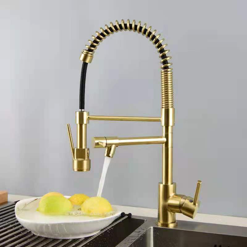 Commercial Brass 3 Way Pre Rinse Gold Spring Kitchen Sink Faucet with Pull Out Sprayer Hot Cold Mixer Flexible Water Tap