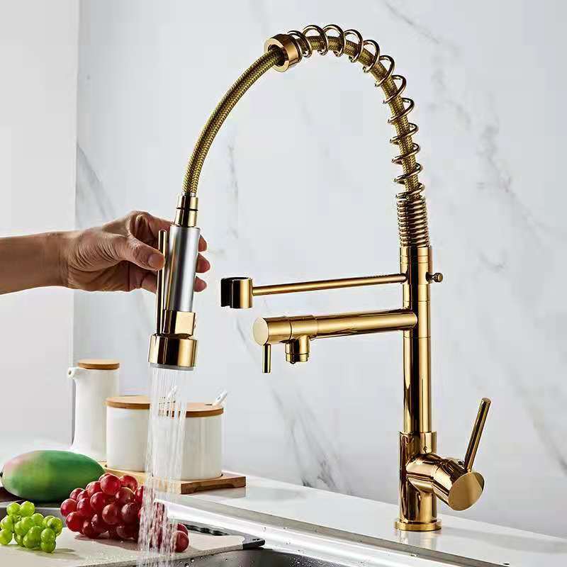 Commercial Brass 3 Way Pre Rinse Gold Spring Kitchen Sink Faucet with Pull Out Sprayer Hot Cold Mixer Flexible Water Tap