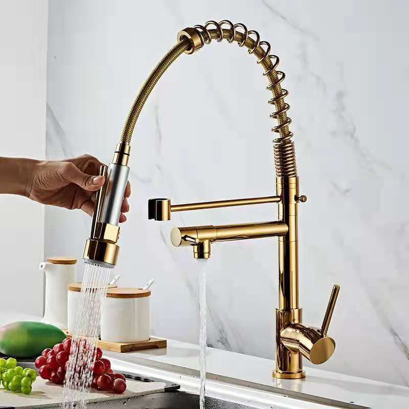 Commercial Brass 3 Way Pre Rinse Gold Spring Kitchen Sink Faucet with Pull Out Sprayer Hot Cold Mixer Flexible Water Tap