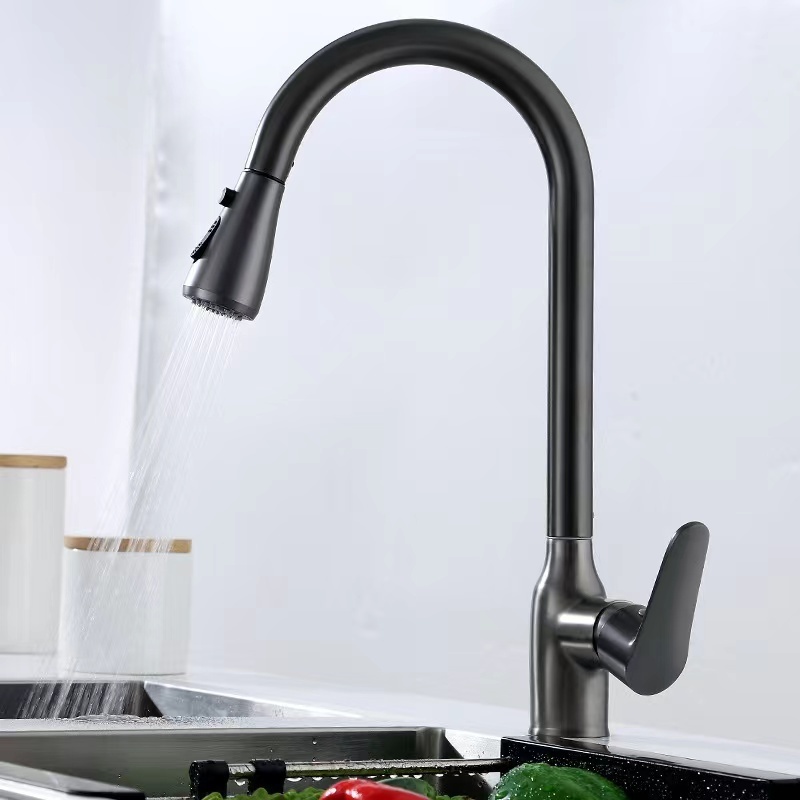 New Design Gun Gray Single Hole Brass Pull Down Spout Kitchen Sink Mixer Faucet Tap Stream Sprayer Head On Sale