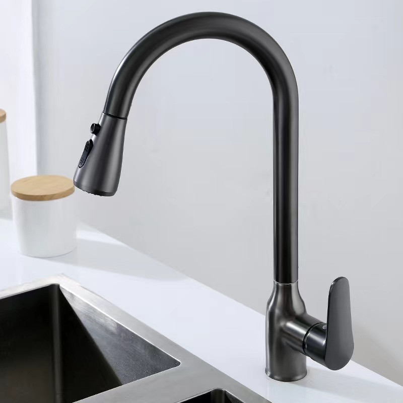 New Design Gun Gray Single Hole Brass Pull Down Spout Kitchen Sink Mixer Faucet Tap Stream Sprayer Head On Sale