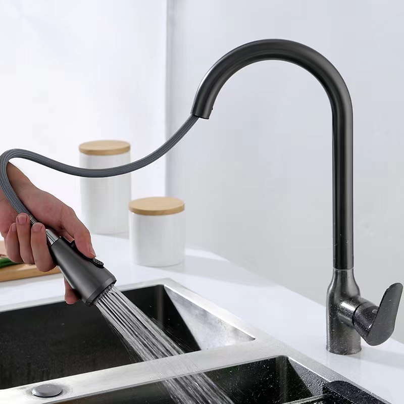 New Design Gun Gray Single Hole Brass Pull Down Spout Kitchen Sink Mixer Faucet Tap Stream Sprayer Head On Sale