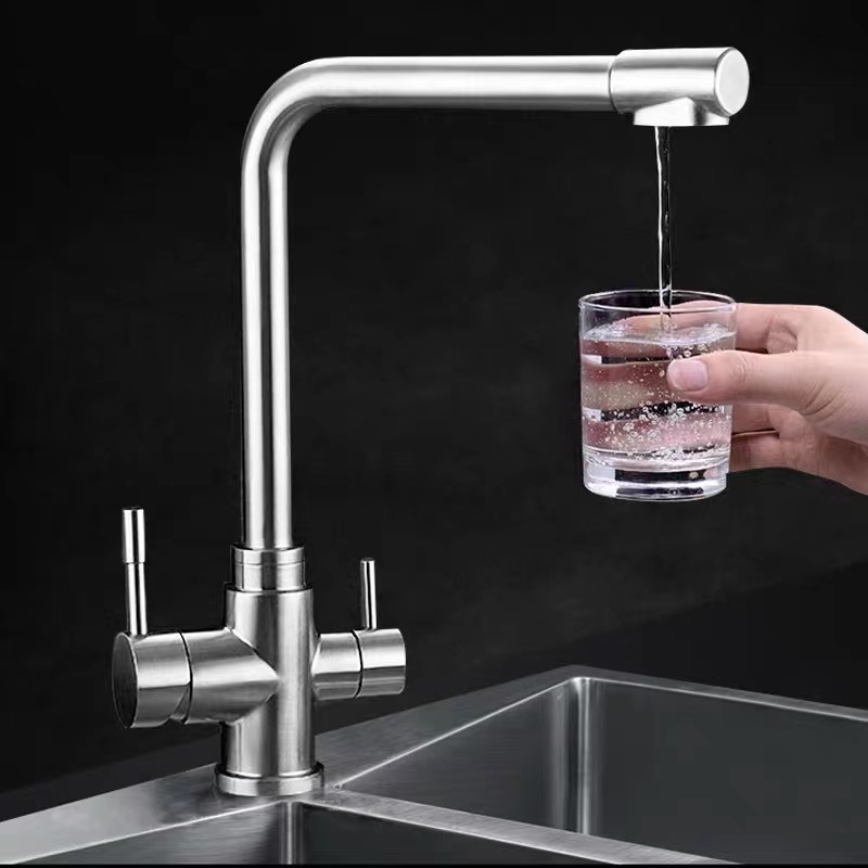 Two Handle Stainless Steel Water Filter Sink Faucet 360 degree Double Handle Cheap Cold Hot Kitchen Tap