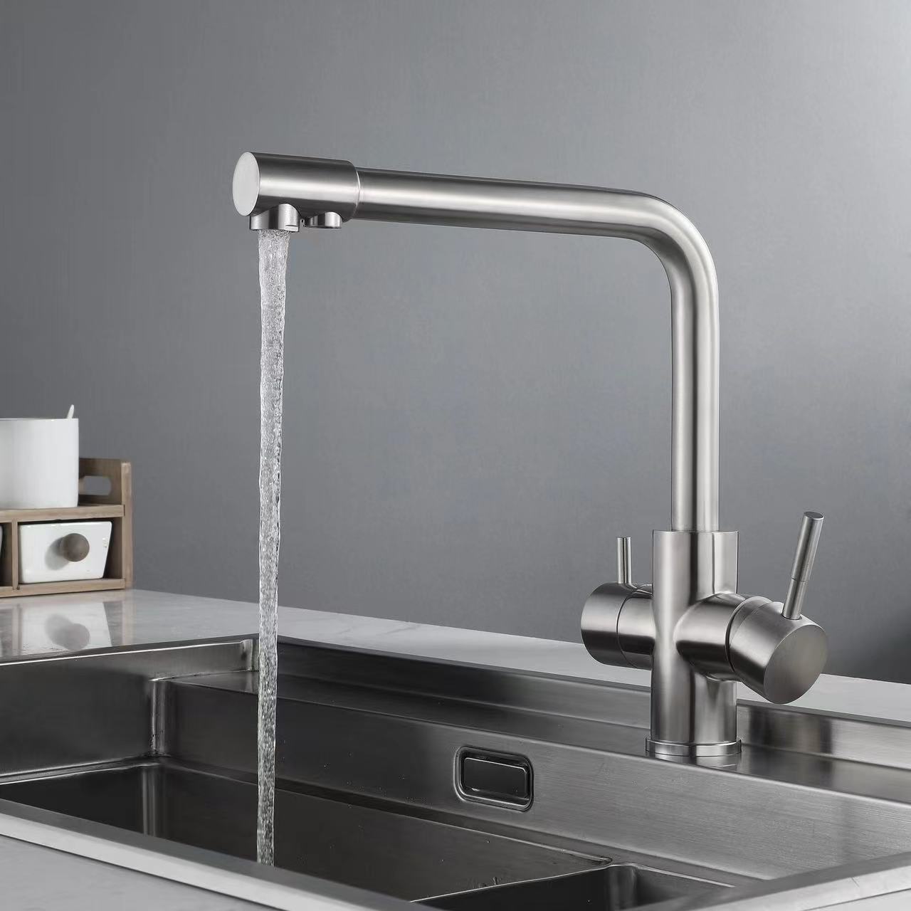 Two Handle Stainless Steel Water Filter Sink Faucet 360 degree Double Handle Cheap Cold Hot Kitchen Tap