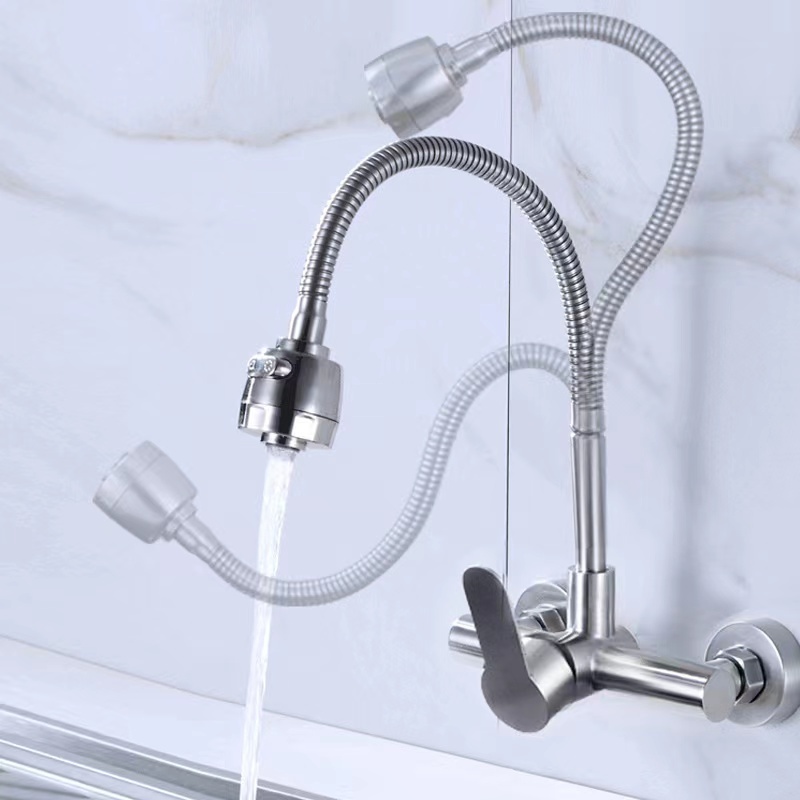 Wall Mount Stainless Steel Kitchen Sink Mixer Faucet Single Handle Tap With 360 Swivel Flexible Spray