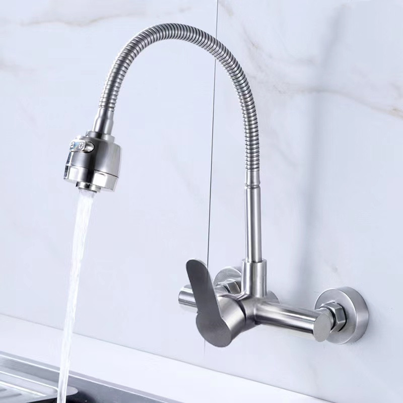 Wall Mount Stainless Steel Kitchen Sink Mixer Faucet Single Handle Tap With 360 Swivel Flexible Spray