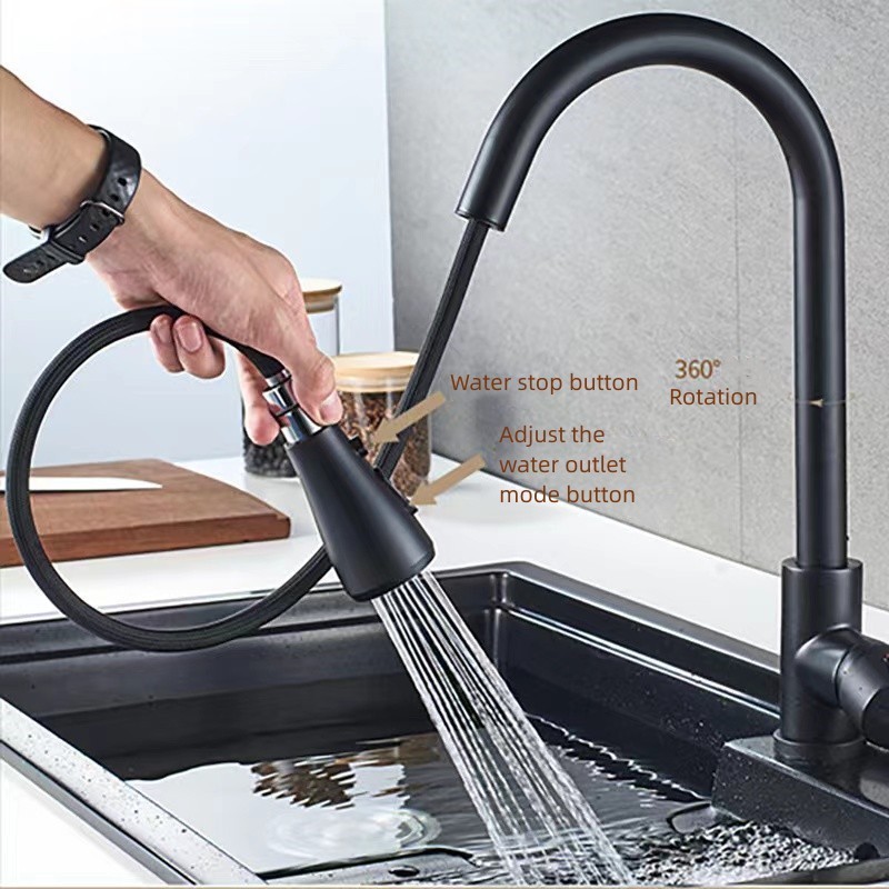 Factory OEM Good Quality Stainless Steel Black Cold And Hot Water Pull Down Kitchen Sink Faucet With Pull Out Sprayer