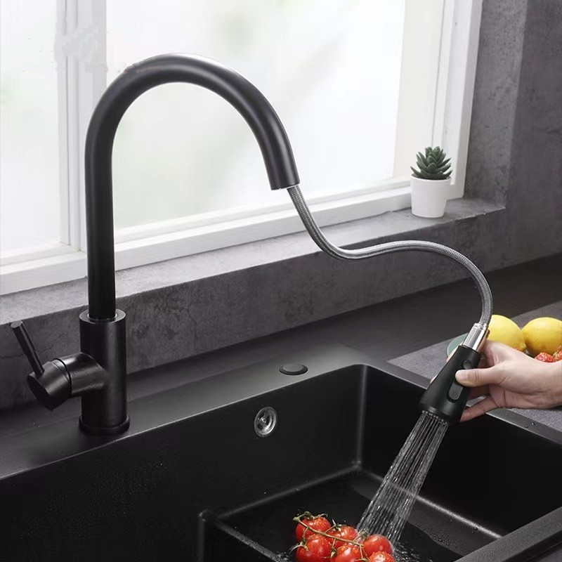 Factory OEM Good Quality Stainless Steel Black Cold And Hot Water Pull Down Kitchen Sink Faucet With Pull Out Sprayer