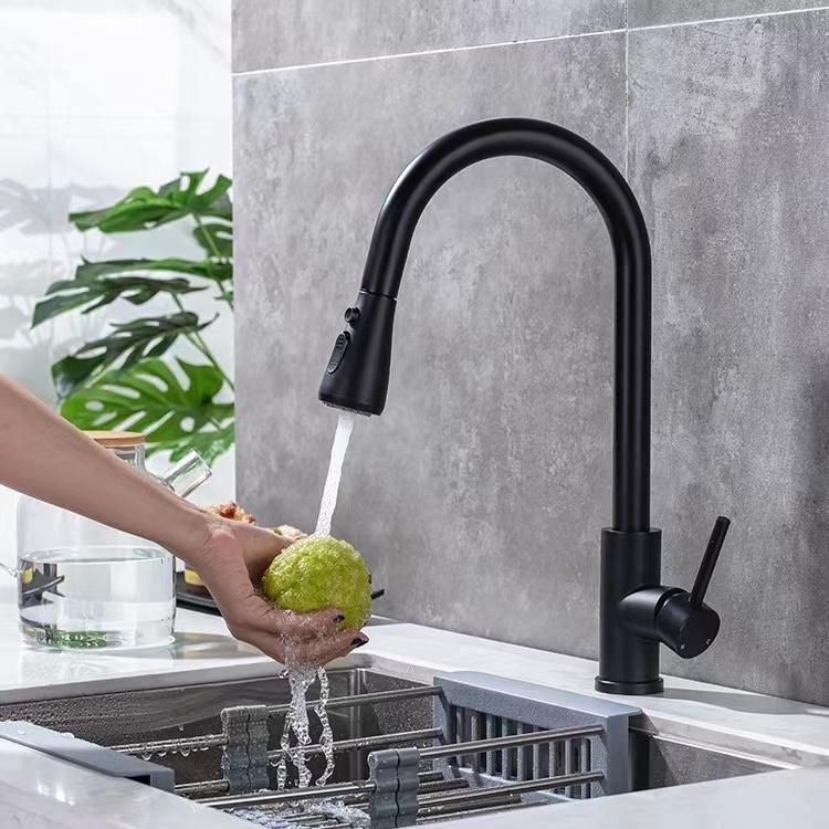 Factory OEM Good Quality Stainless Steel Black Cold And Hot Water Pull Down Kitchen Sink Faucet With Pull Out Sprayer