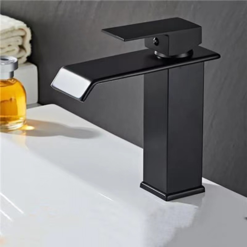 Luxury Bathroom Matte Black Square Lavatory Vessel Bathroom Tap Stainless Steel Mixer Waterfall Wash Basin Faucet