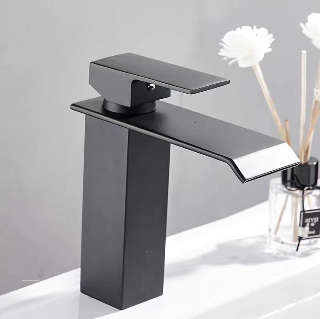 Luxury Bathroom Matte Black Square Lavatory Vessel Bathroom Tap Stainless Steel Mixer Waterfall Wash Basin Faucet