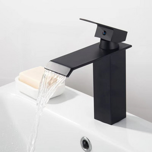 Luxury Bathroom Matte Black Square Lavatory Vessel Bathroom Tap Stainless Steel Mixer Waterfall Wash Basin Faucet