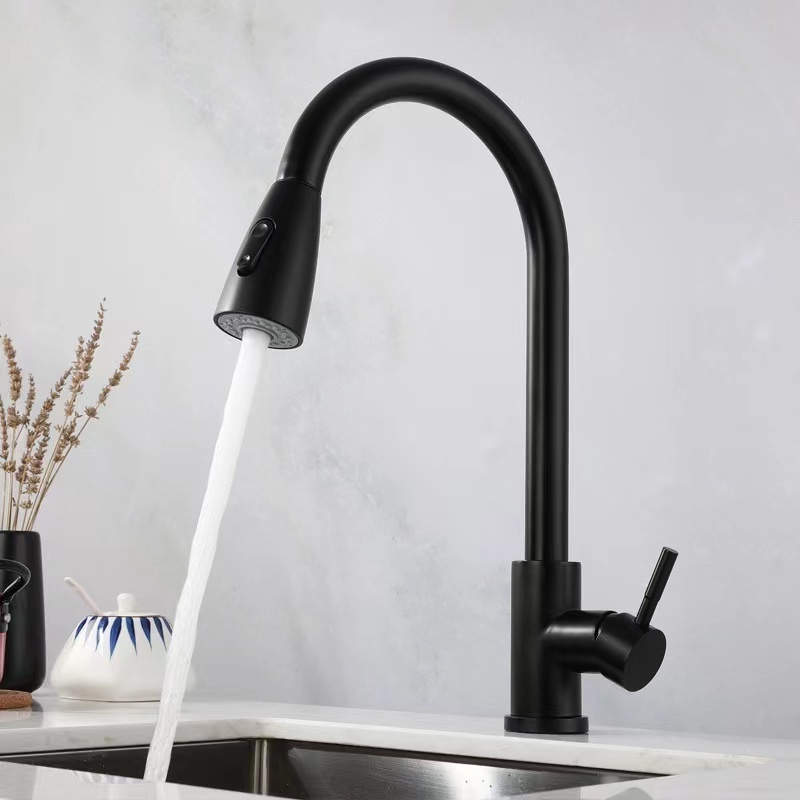 Contemporary Single Handle Stainless Steel Pull Out Spray Faucet Brushed Hot Cold Water for Apartment Use Kitchen Faucets