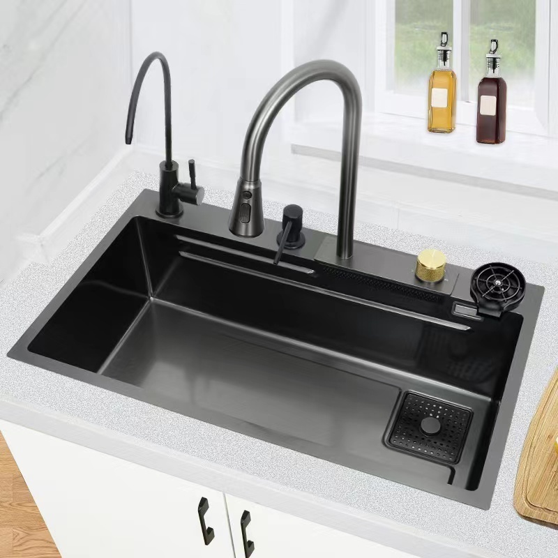 New Design Hot Selling Black Waterfall Kitchen Sink Drop-In Single Bowl Stainless Steel Sink With Faucet