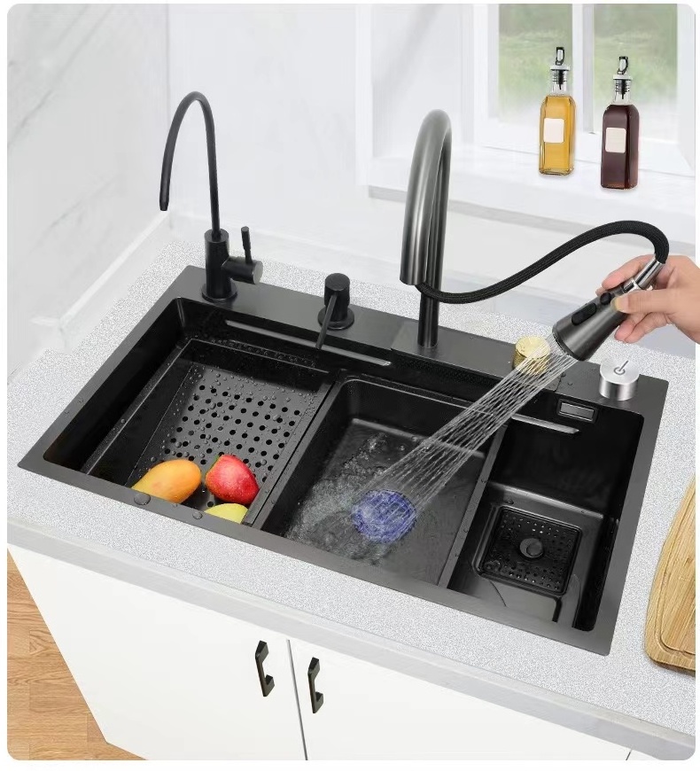 New Design Hot Selling Black Waterfall Kitchen Sink Drop-In Single Bowl Stainless Steel Sink With Faucet