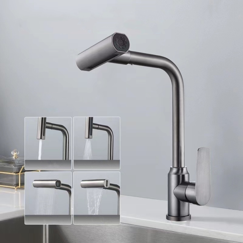 New Design Pull-Down Rainfall Kitchen Faucet Stainless Steel Multipurpose With Side Spray Gun Gray Sink Faucet