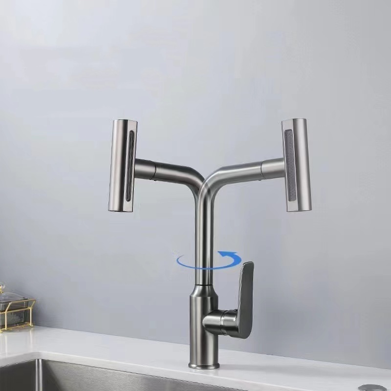 New Design Pull-Down Rainfall Kitchen Faucet Stainless Steel Multipurpose With Side Spray Gun Gray Sink Faucet