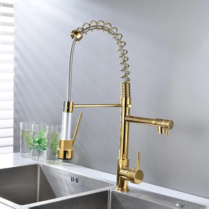 Commercial Brass Single Handle Pull Down Sprayer Spring Kitchen Sink Faucet Chrome Gold Pull Out Torneira Cozinha Goumert