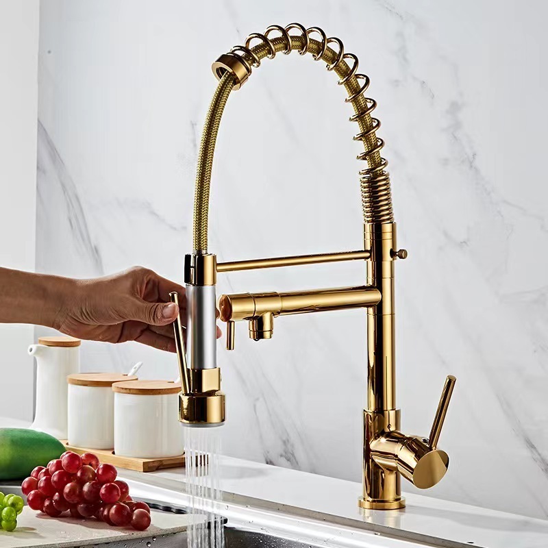 Commercial Brass Single Handle Pull Down Sprayer Spring Kitchen Sink Faucet Chrome Gold Pull Out Torneira Cozinha Goumert