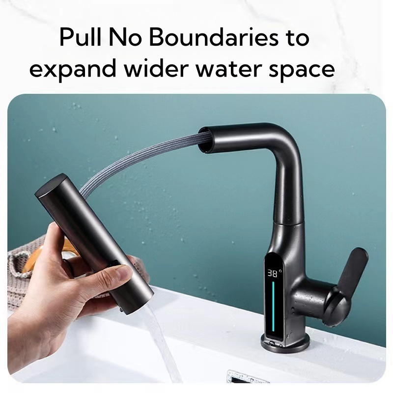 New Design Multi-Functional 360 Degree Rotating Digital LED Display Bathroom Intelligent Faucet Rainfall Gray Basin Faucet