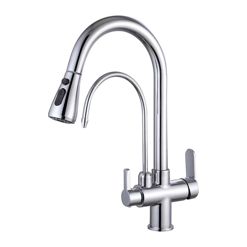 Dual Handle Multifunction Kitchen Sink Faucet Mixer Polished Brass Chrome Pull out Tap with Filter Chrome Pull out Spray